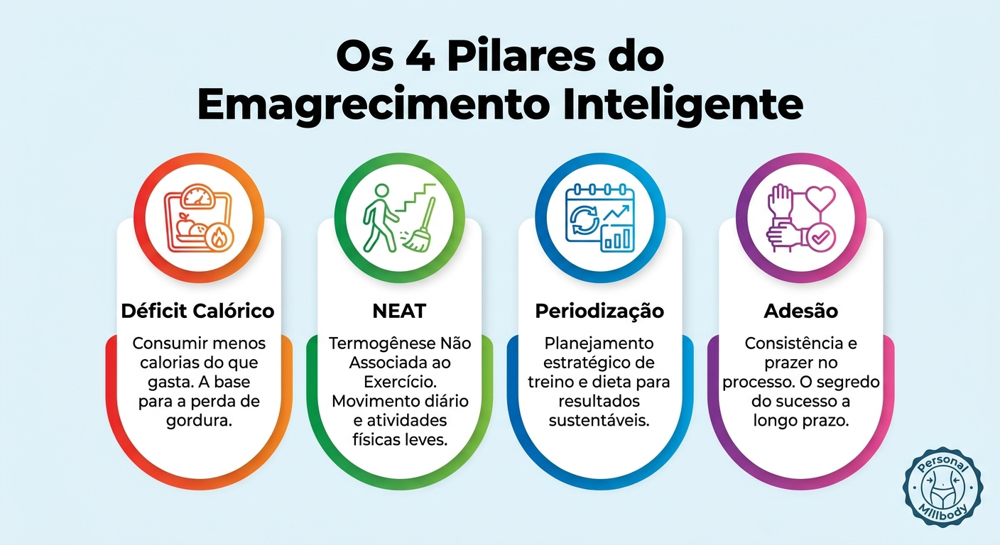 4 Pilares do Emagrecimento Inteligente Infográfico 4 Pilares do Emagrecimento Inteligente: Déficit Calórico, NEAT, Periodização e Adesão — Personal Millbody