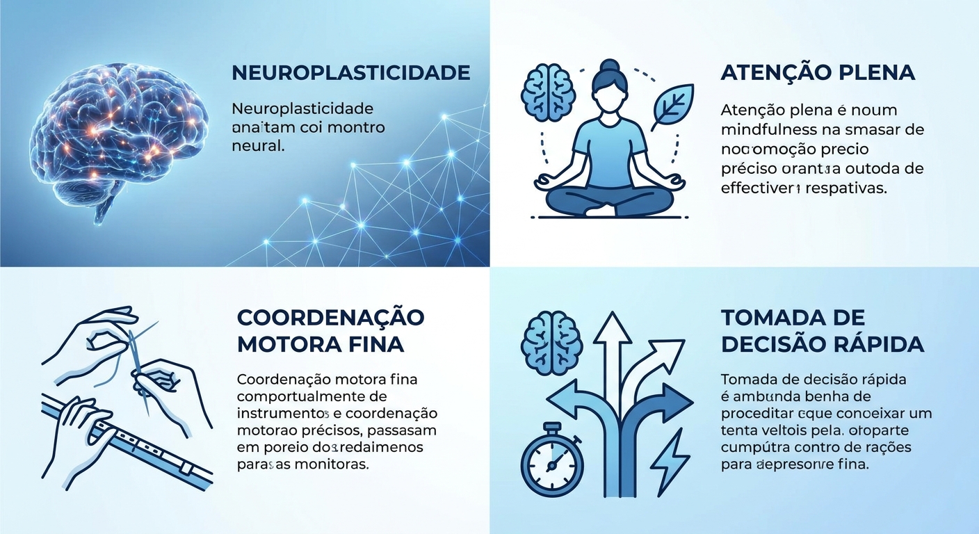 Infográfico dos 4 Pilares da Performance Cognitiva: Neuroplasticidade, Atenção Plena, Coordenação Motora Fina e Tomada de Decisão Rápida