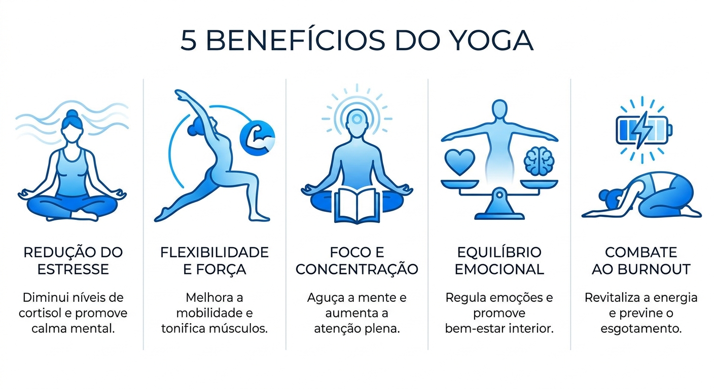Infográfico com os 5 benefícios do yoga para iniciantes: redução do estresse, flexibilidade e força, foco e concentração, equilíbrio emocional e combate ao burnout