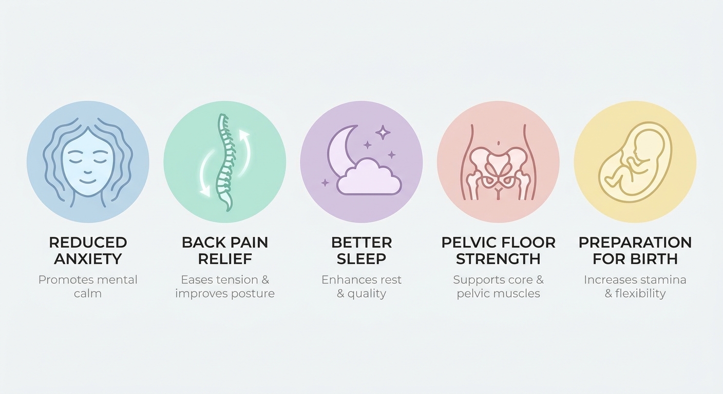 Infográfico com 5 benefícios do yoga na gestação: redução da ansiedade, alívio de dores, melhora do sono, fortalecimento pélvico e preparação para o parto