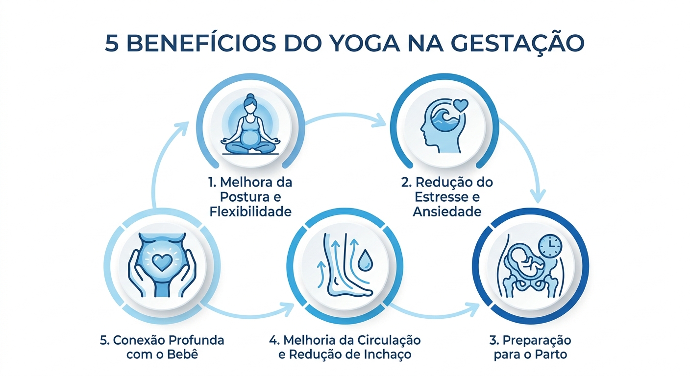 Infográfico: 5 Benefícios do Yoga na Gestação - app de yoga para gestantes Vitalizen