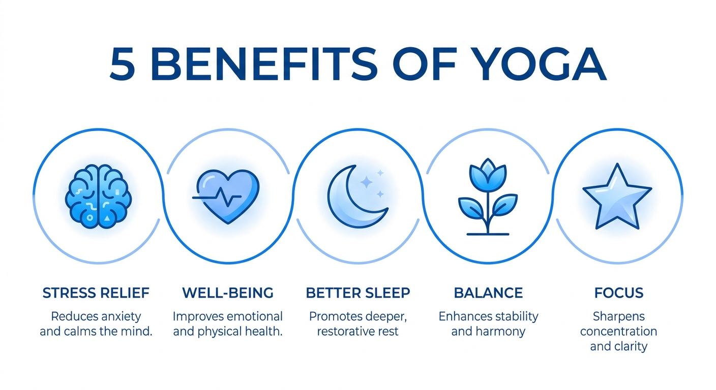Infográfico com 5 benefícios do yoga para estresse, ansiedade e burnout