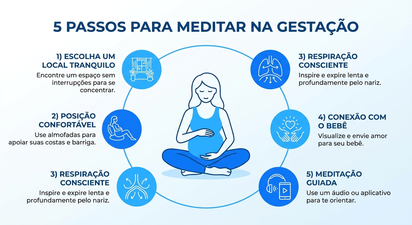 Infográfico com 5 passos para meditar na gestação: local tranquilo, posição confortável, respiração consciente, conexão com o bebê, meditação guiada