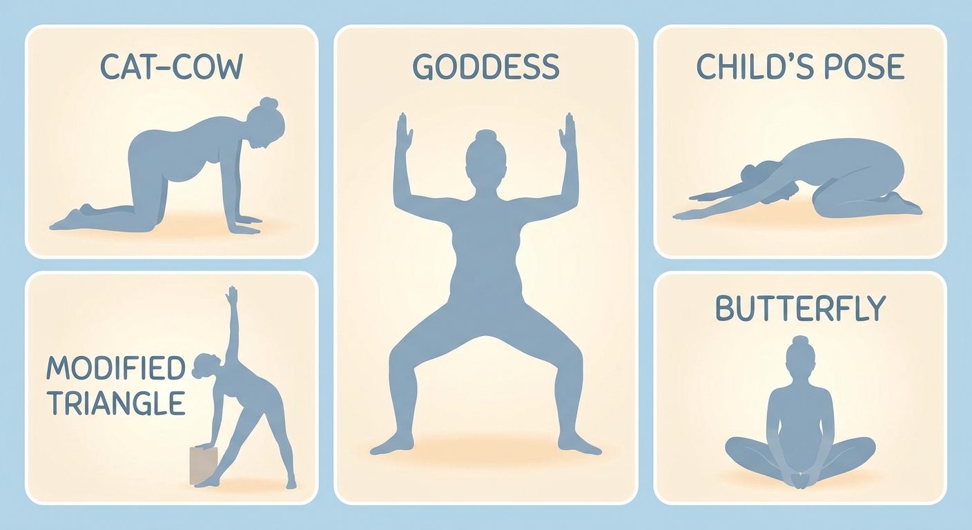 Infográfico com 5 posturas de yoga seguras para gestantes iniciantes: Borboleta, Gato-Vaca, Deusa, Criança e Triângulo Adaptado