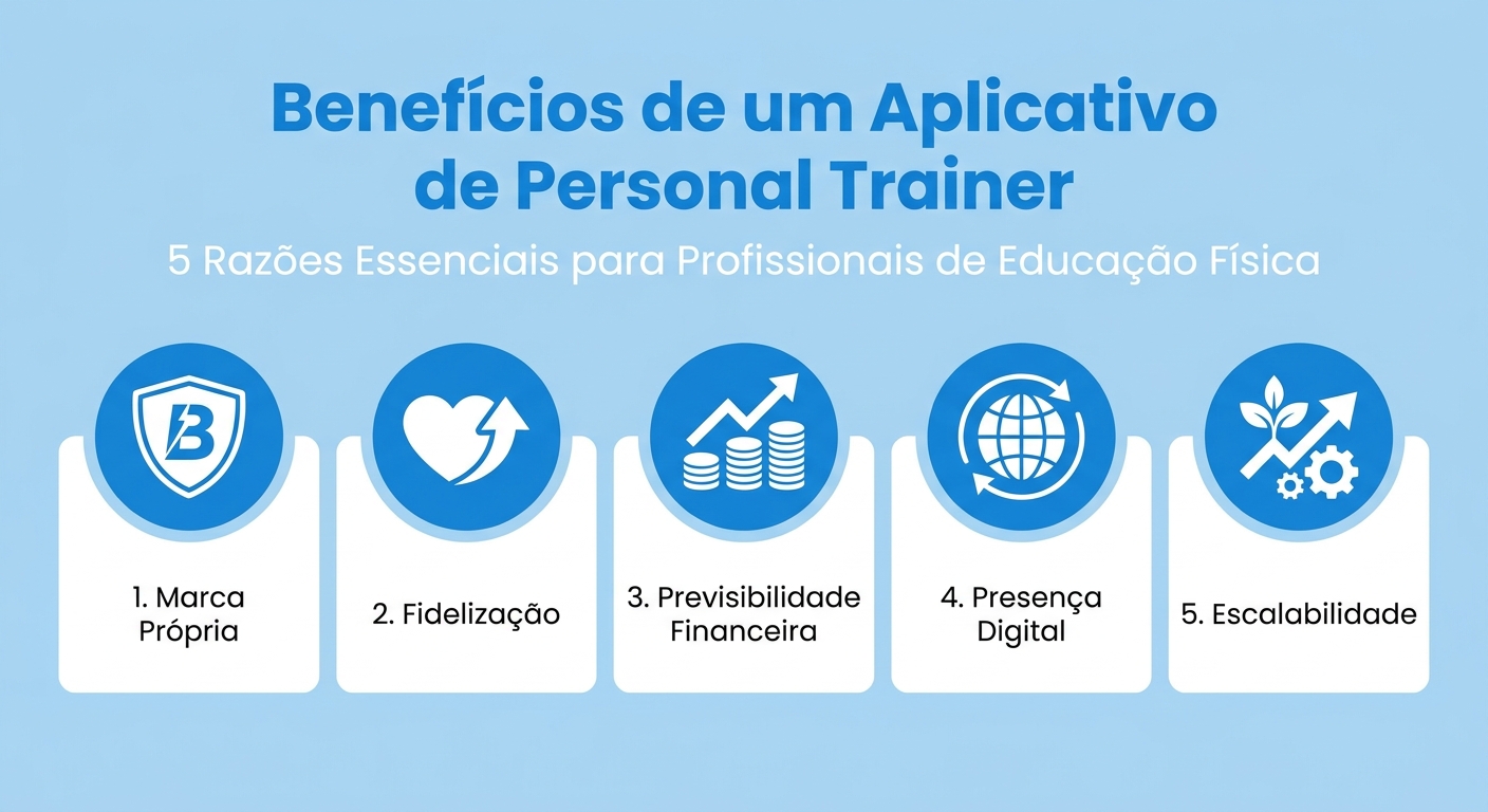 infográfico 5 razões para ter aplicativo personal trainer próprio - marca, fidelização, previsibilidade financeira, presença digital e escalabilidade