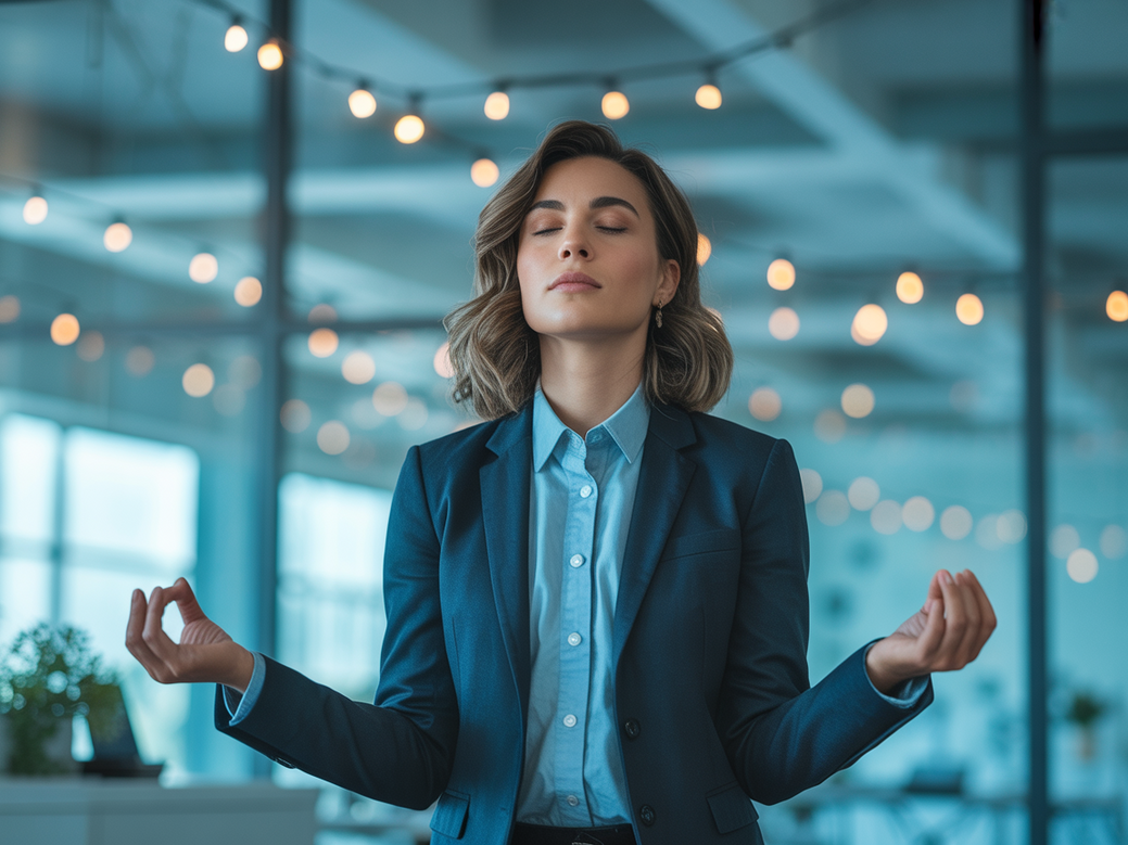 Executivo de sucesso praticando meditação no escritório para vencer o burnout