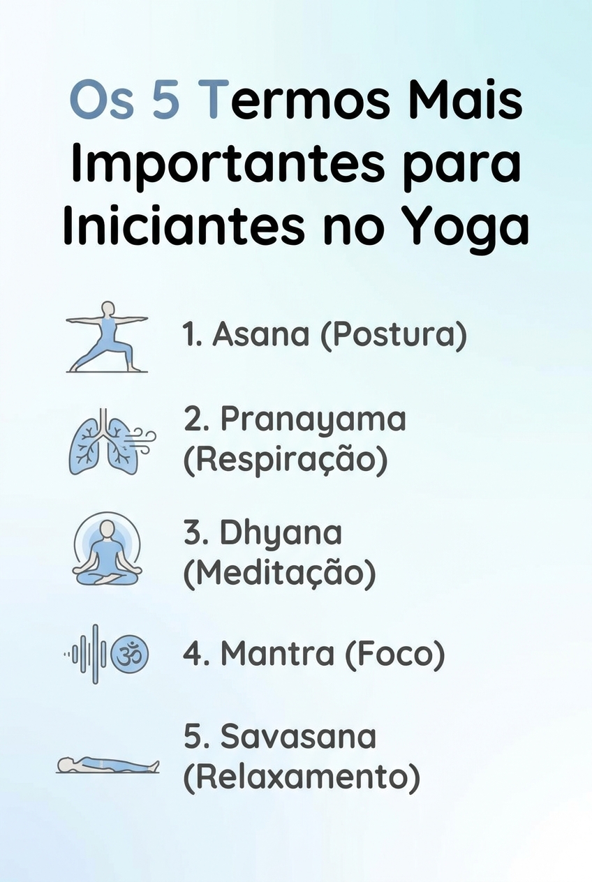 Infográfico: Os 5 termos mais importantes para iniciantes no yoga — Asana, Pranayama, Dhyana, Mantra e Savasana explicados de forma simples pela Vitalizen App