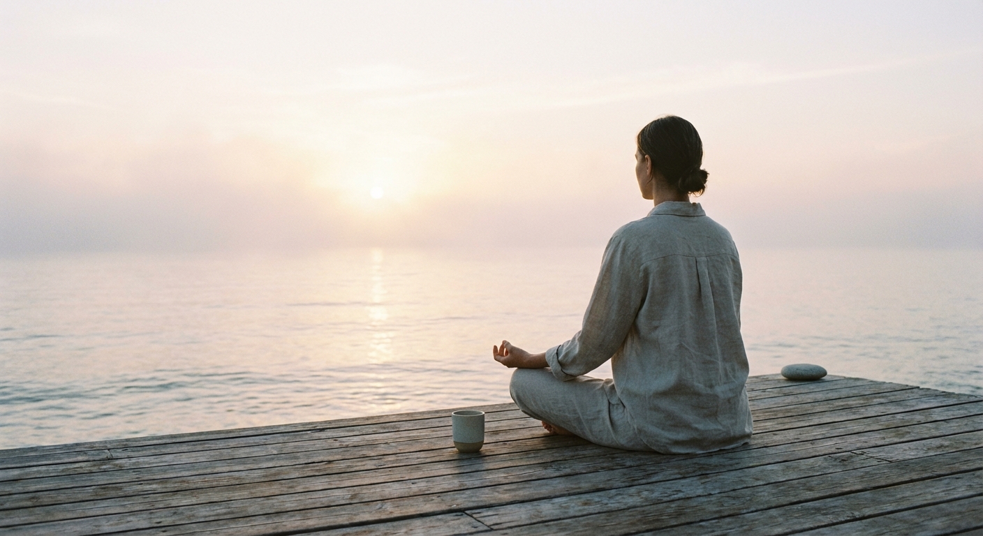 Person practicing meditation for mental health at sunrise, representing mindfulness and inner peace