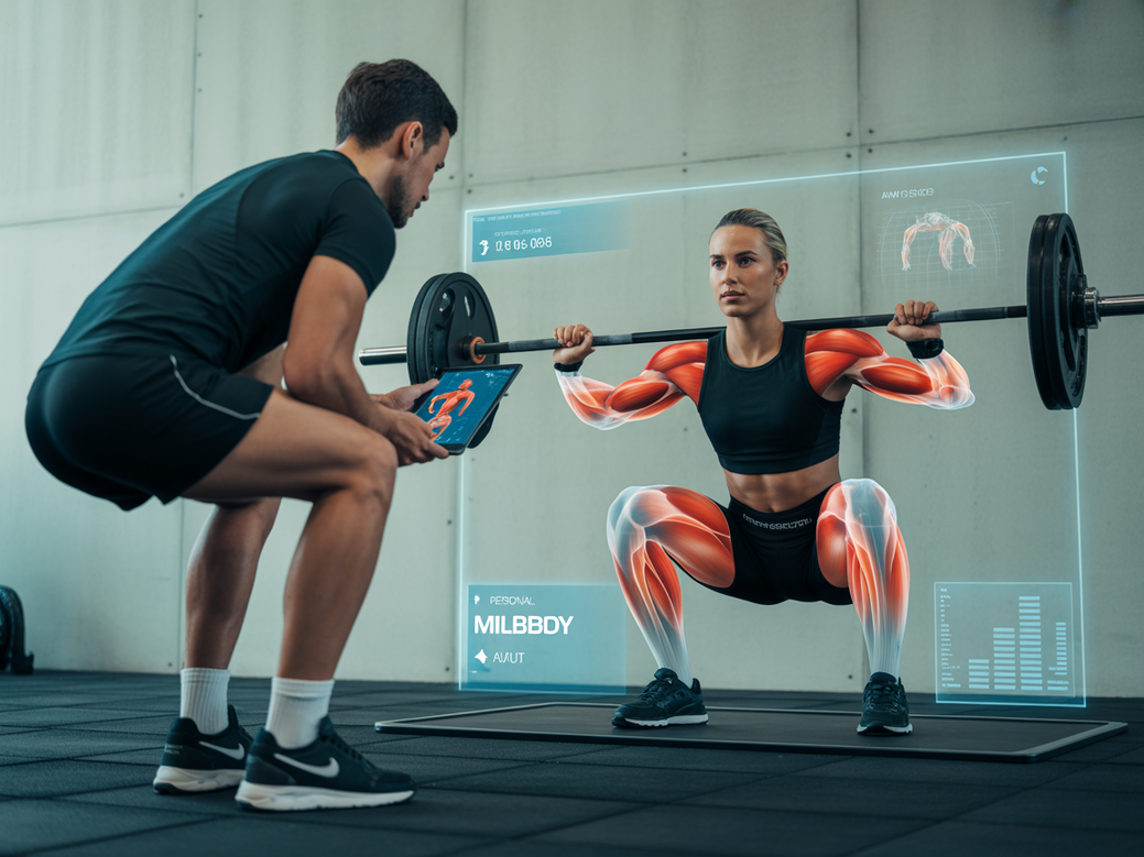 Personal trainer analisando a execução do agachamento hack de um aluno com o auxílio do aplicativo Personal Millbody