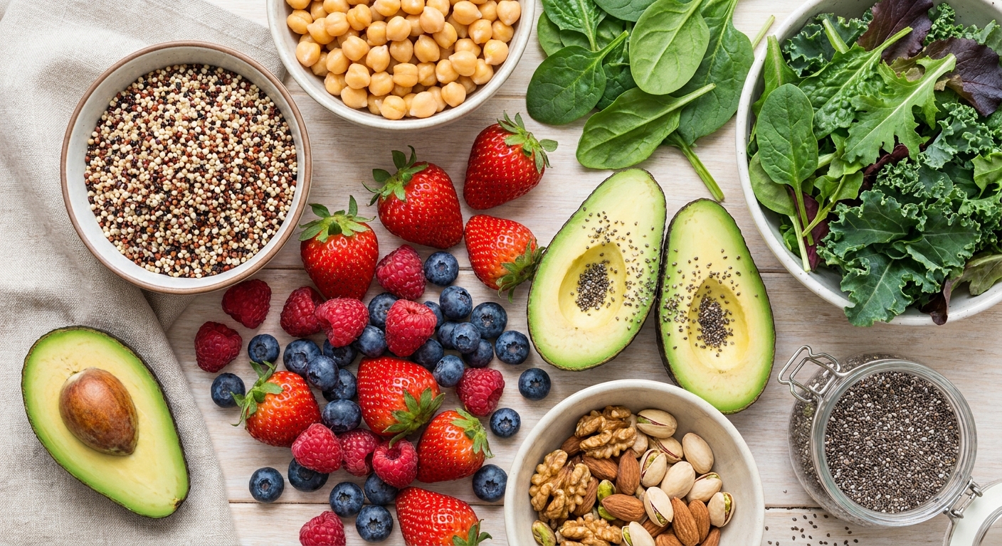 alimentação baseada em plantas para atletas ingredientes naturais quinoa grão de bico frutas