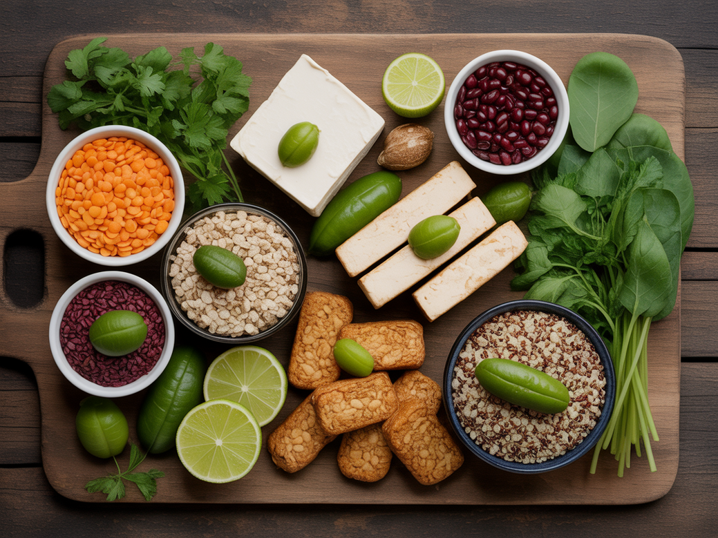 Mesa com alimentos veganos ricos em proteína como tofu, lentilha, grão de bico e quinoa, essenciais para a hipertrofia no treino de ombro.