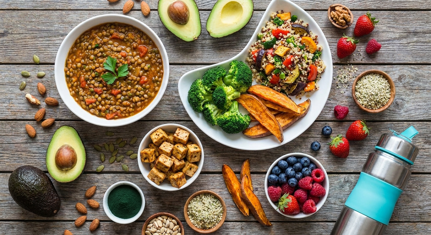Alimentos veganos ricos em nutrientes para atletas, como lentilhas, tofu e quinoa.