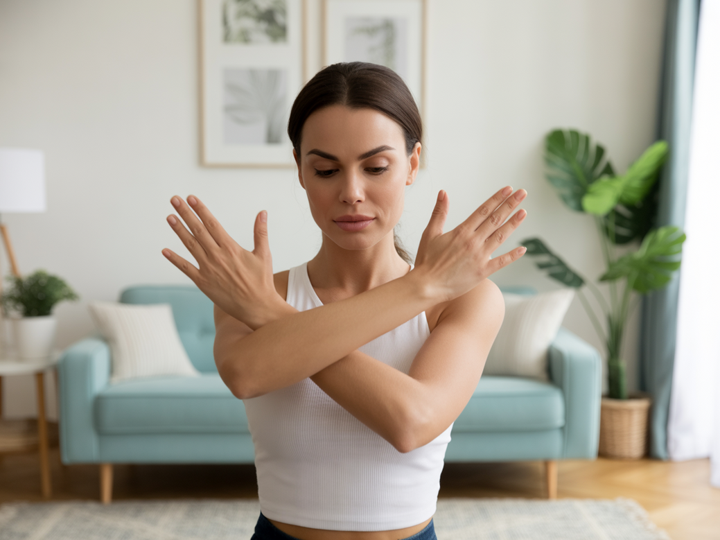 Mulher executando alongamento cruzado para a parte posterior do deltoide em seu treino de ombro em casa