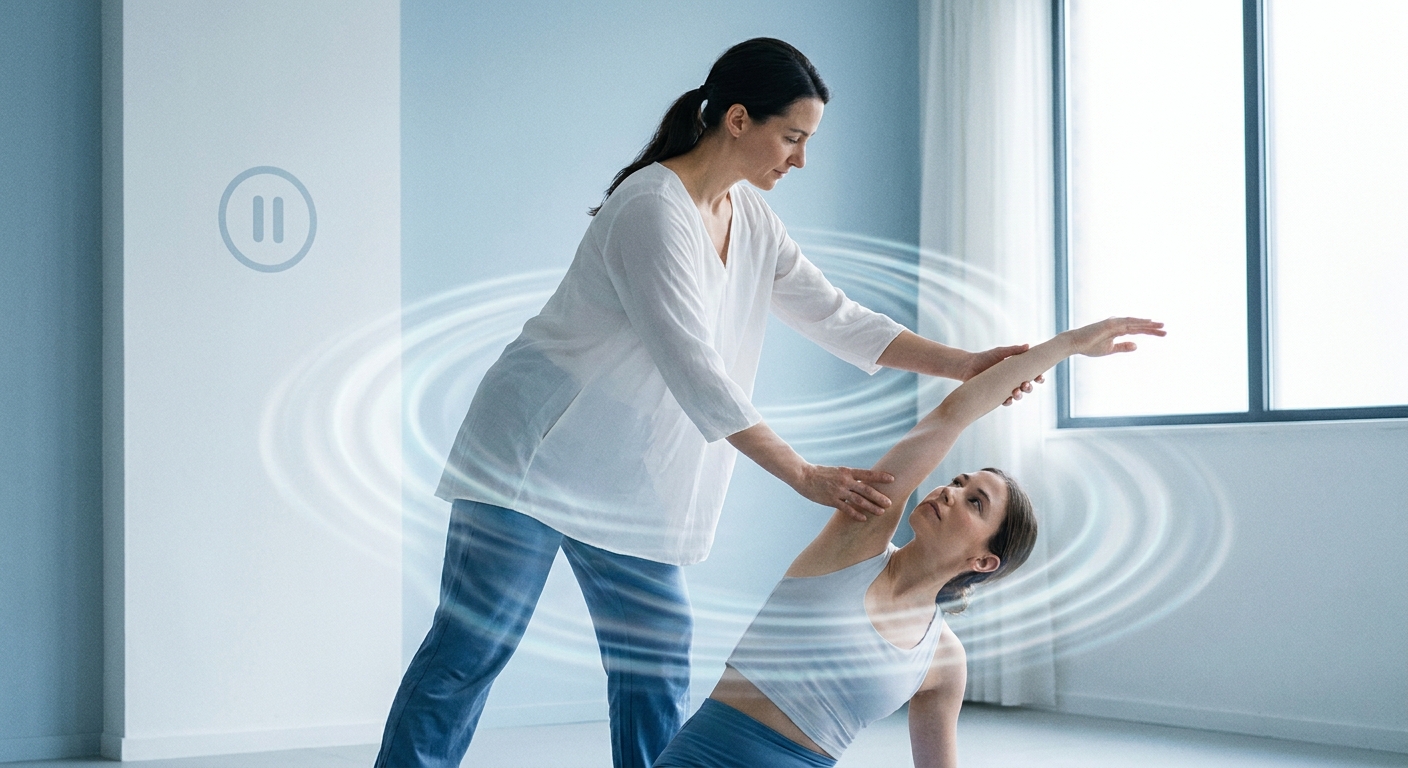 Alongamento e Mobilidade para Meditação em Movimento Instrutor guiando aluno em alongamento de mobilidade com vibração e pausa ativa - Personal Millbody