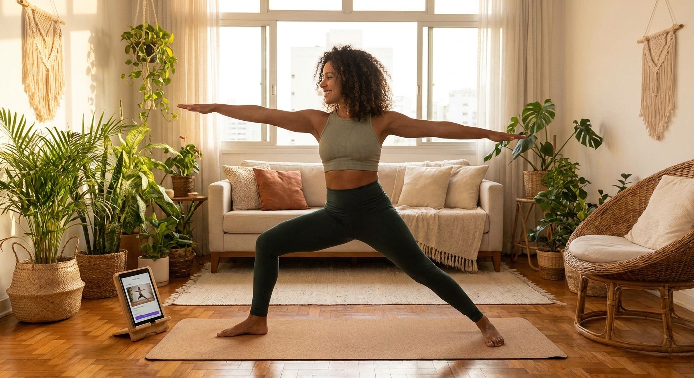 Aluna praticando yoga online em casa com auxílio de um aplicativo