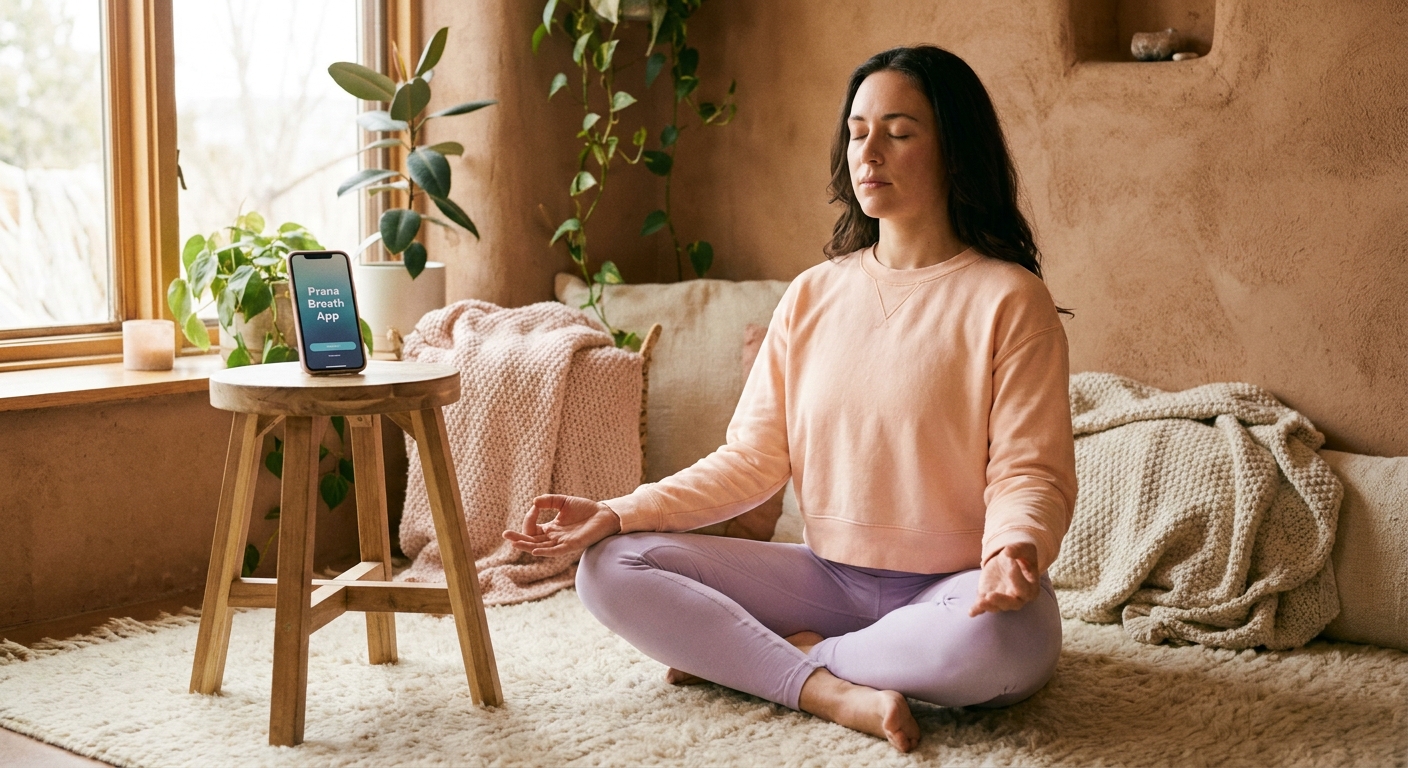 Aluna de Yoga usando app de acompanhamento diário