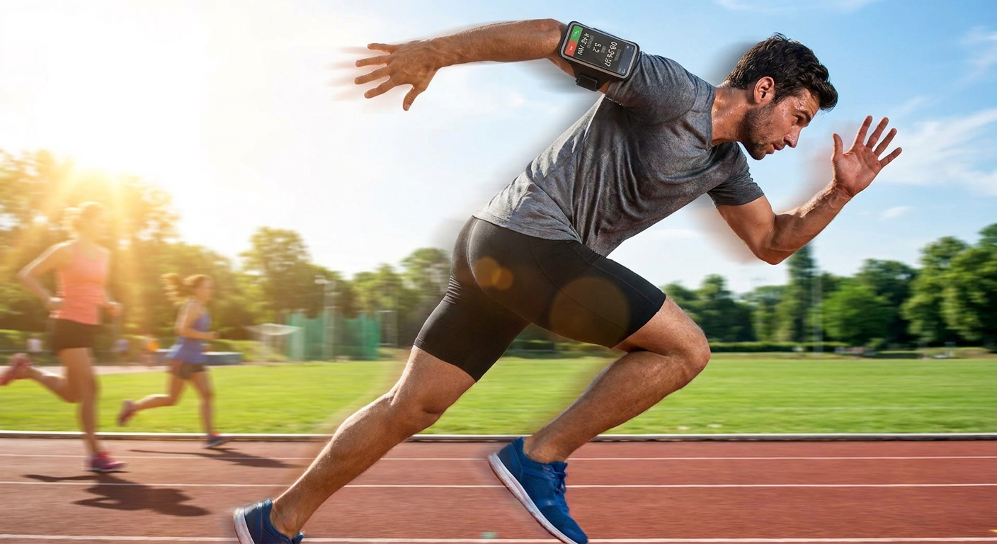 Aluno utilizando app próprio de personal trainer durante corrida de rua Aluno correndo com smartphone no braço mostrando aplicativo de treino HIIT