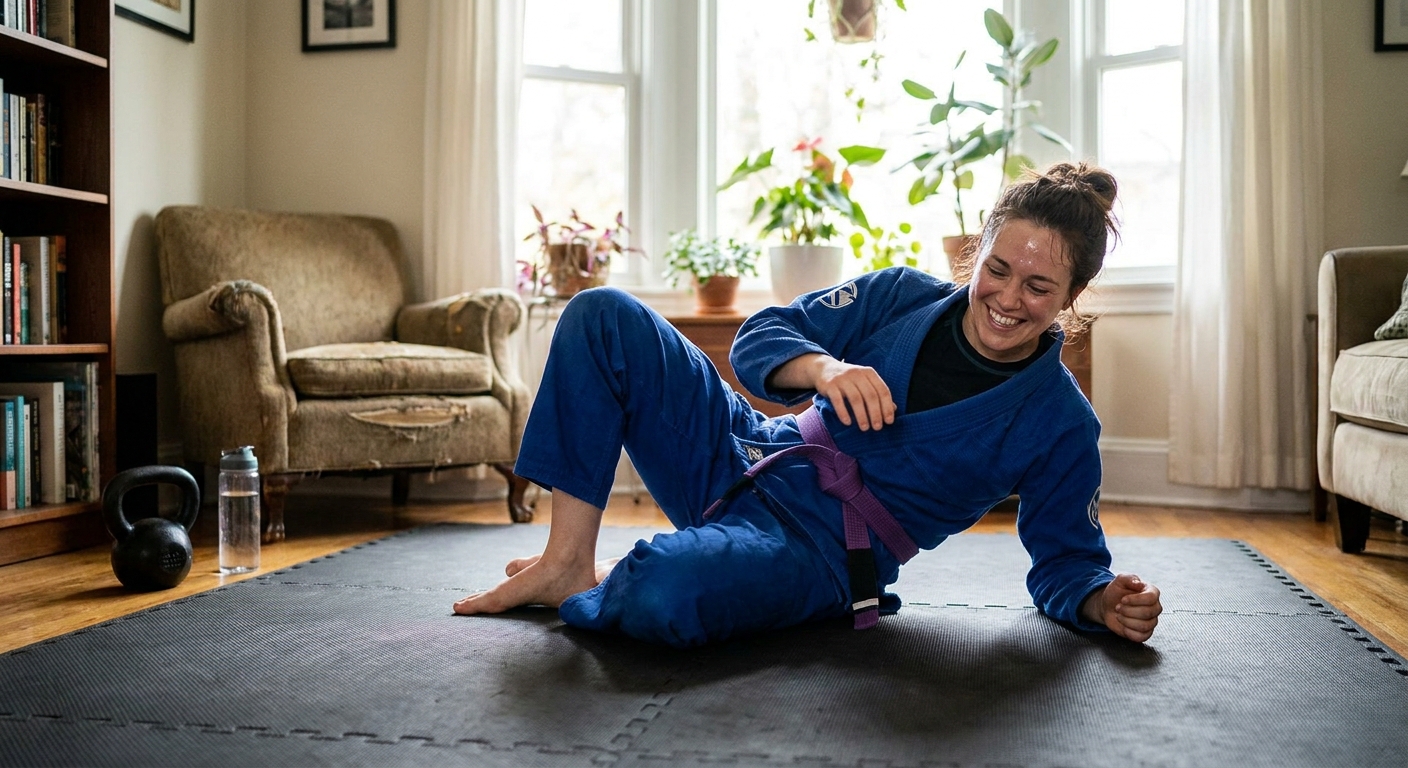 Aluno treinando Jiu-Jitsu em casa com a orientação do personal trainer pela Millbody Aluno de Jiu-Jitsu treinando em casa com equipamentos simples como colchonete e faixa