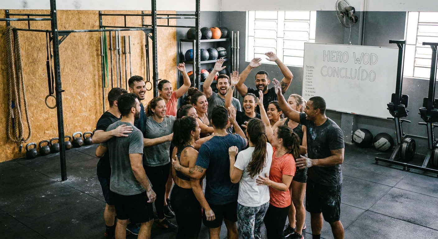 Grupo de alunos de Cross Training comemorando conquistas no app