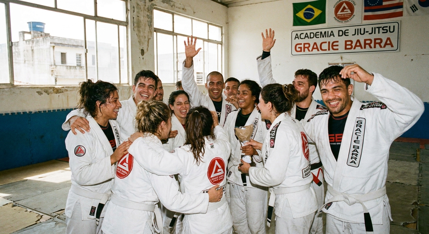 Comunidade de alunos de Jiu-Jitsu com Personal Millbody Alunos de Jiu-Jitsu felizes após treino com personal que usa aplicativo para personal trainer Personal Millbody