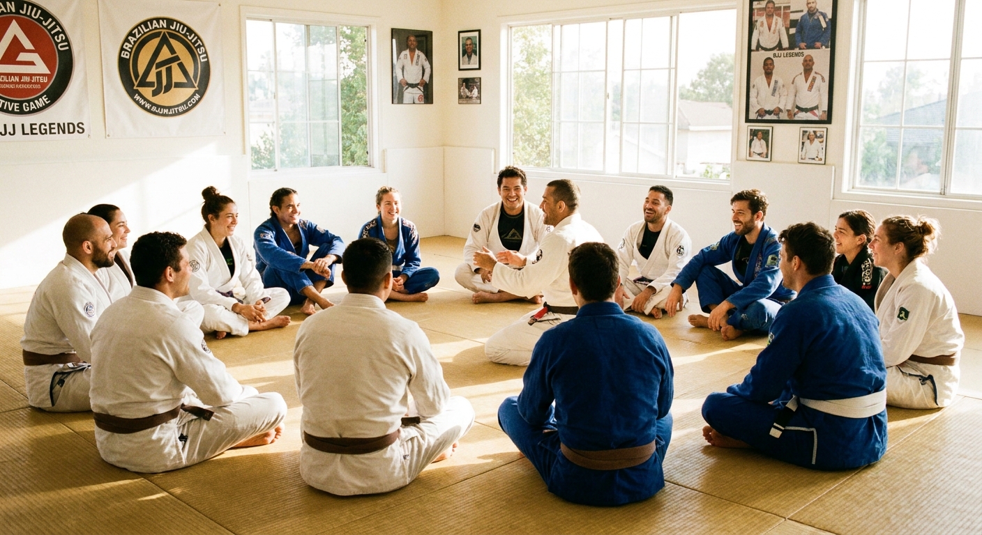 Grupo de alunos de jiu-jitsu no tatame com instrutor orientando
