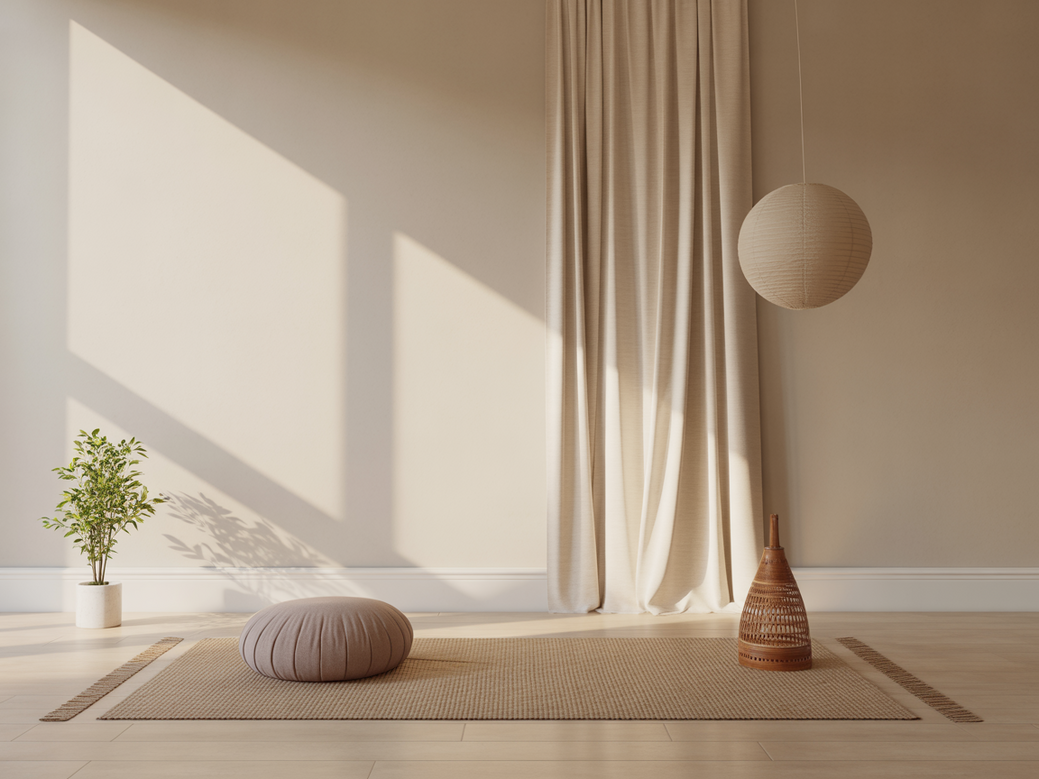 Ambiente aconchegante criado em casa para a prática de meditação.