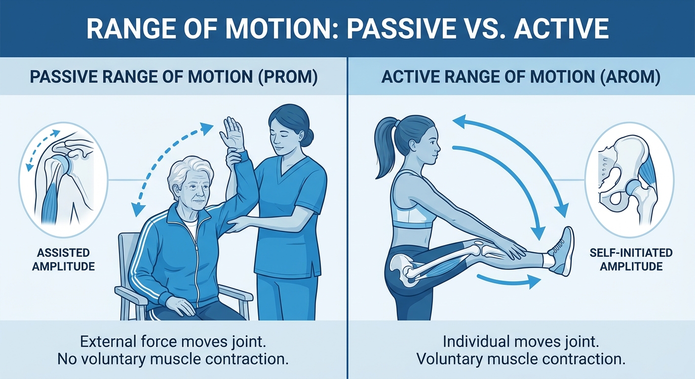 Infográfico comparando amplitude de movimento passiva versus ativa, com personagens representando jovem atleta e idoso praticando exercícios de mobilidade