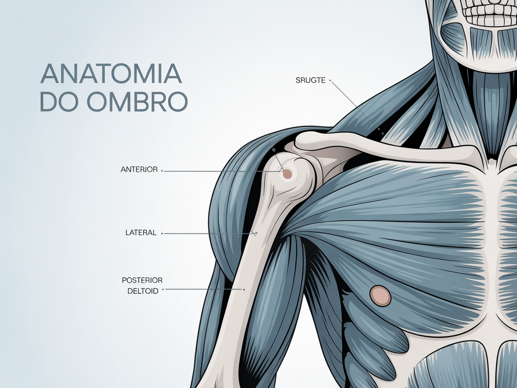 Infográfico com a anatomia do ombro, destacando os músculos deltóides anterior, lateral e posterior, fundamental para o treino de ombro na máquina.