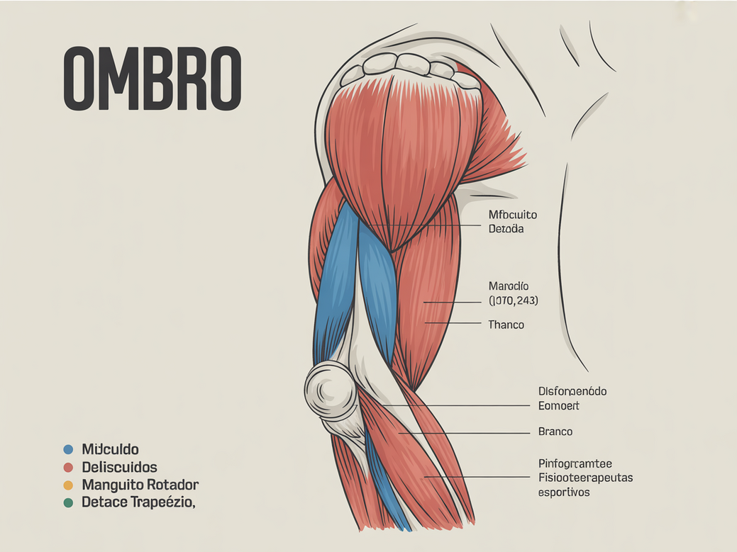 Infográfico detalhado da anatomia do ombro, destacando os músculos do manguito rotador, deltoide e a escápula, essencial para um treino de ombro em casa.
