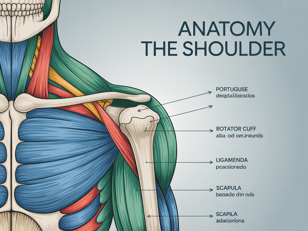 Infográfico detalhado da anatomia do ombro, mostrando os músculos deltoide e manguito rotador, com foco na sua importância para instrutoras de yoga.