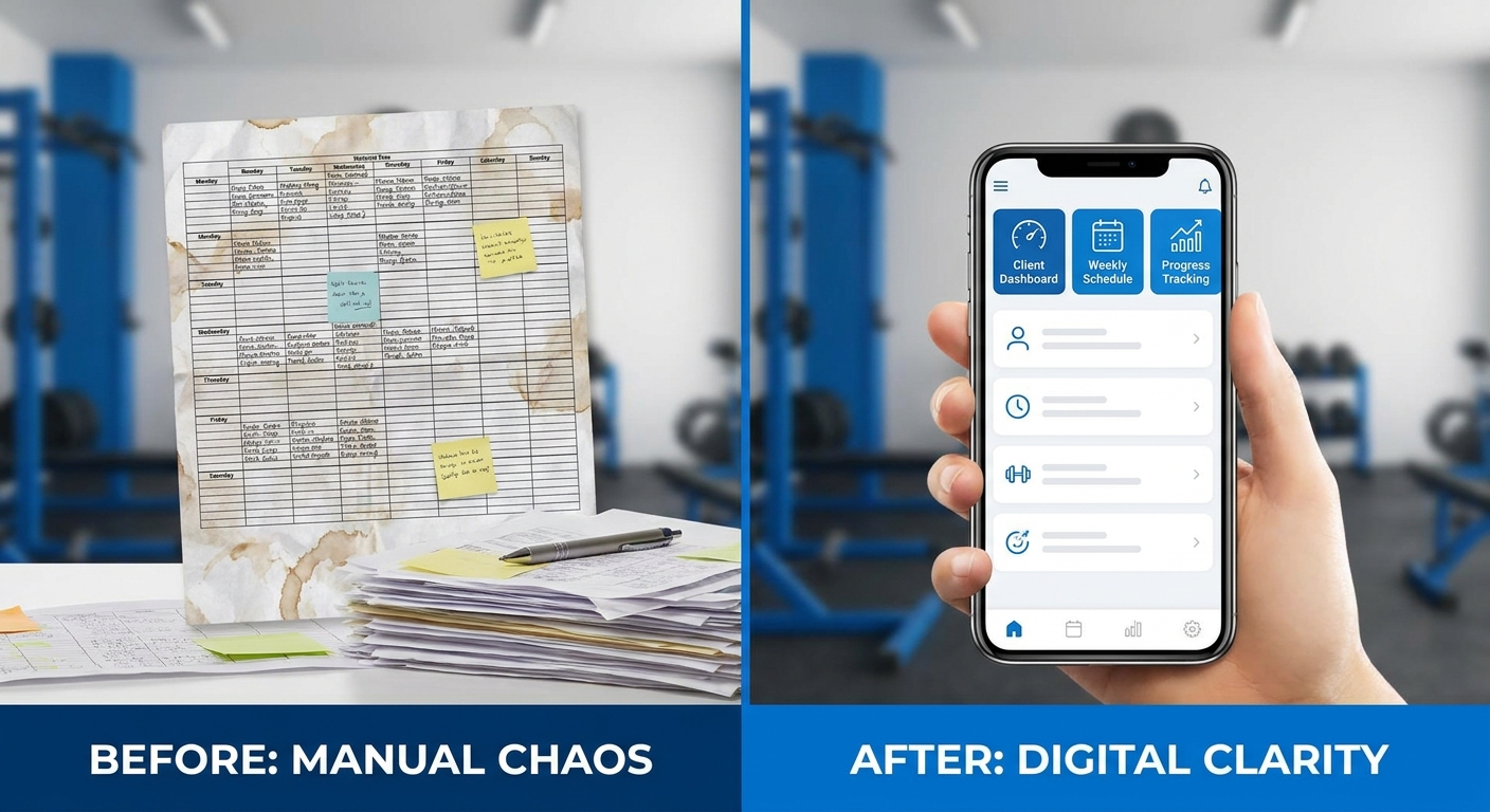 Antes e depois da rotina de personal trainer sem aplicativo (planilha bagunçada) e com aplicativo Personal Millbody (tudo organizado no celular)