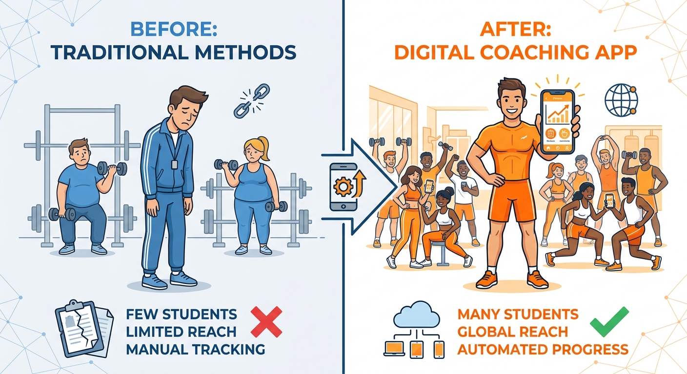 Infográfico Antes vs Depois: Personal sem app para personal trainer com poucos alunos e Personal com app da Millbody com muitos alunos engajados