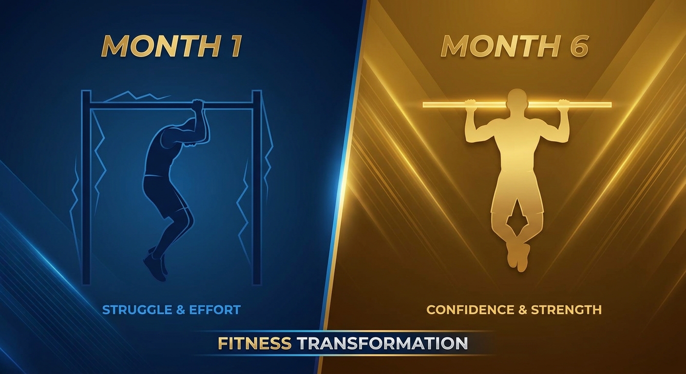 Comparativo antes e depois da evolução na barra fixa - Mês 1 versus Mês 6 com um instrutor de calistenia