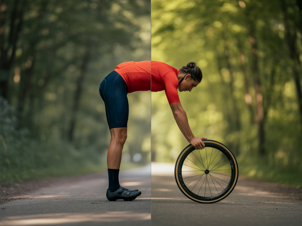 Comparativo de antes e depois da postura de um ciclista que melhorou com um programa de alongamento para ciclistas.