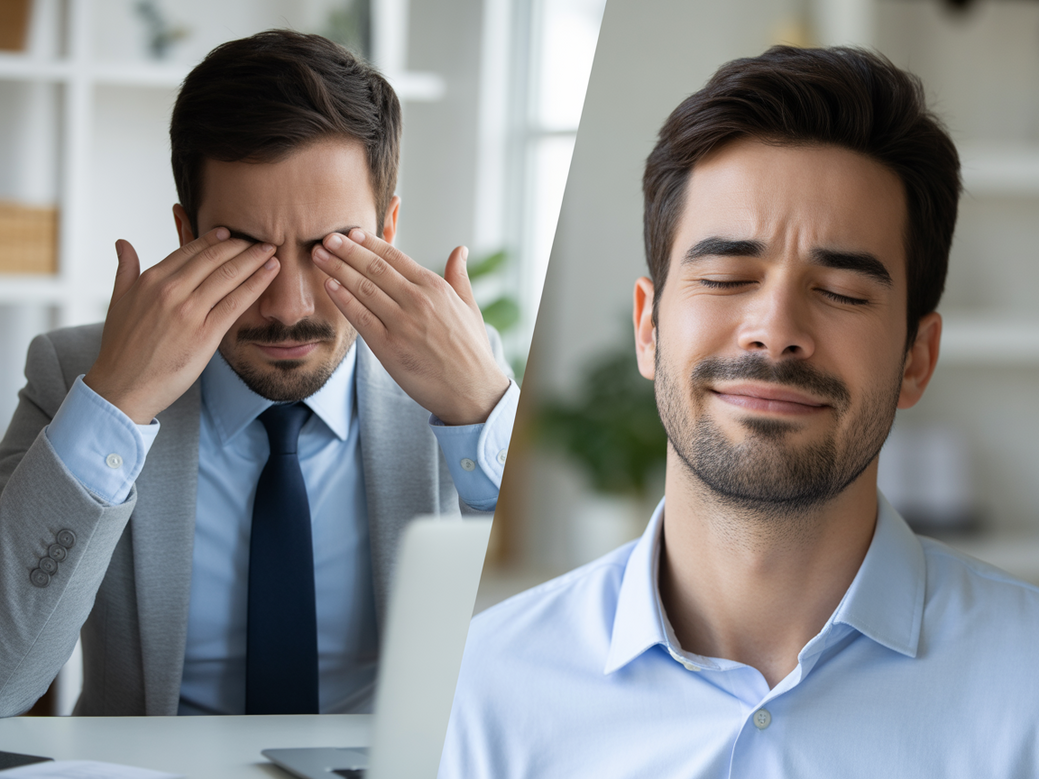 Comparativo de um homem estressado pela insônia versus o mesmo homem descansado após praticar yoga para dormir.