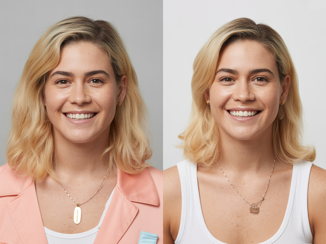 Foto de antes e depois de uma cliente que usou alongamentos para perda de peso em seu programa de transformação.