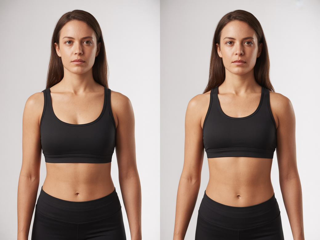 Comparativo de antes e depois mostrando a incrível definição de ombros femininos obtida com um programa de yoga de 90 dias.