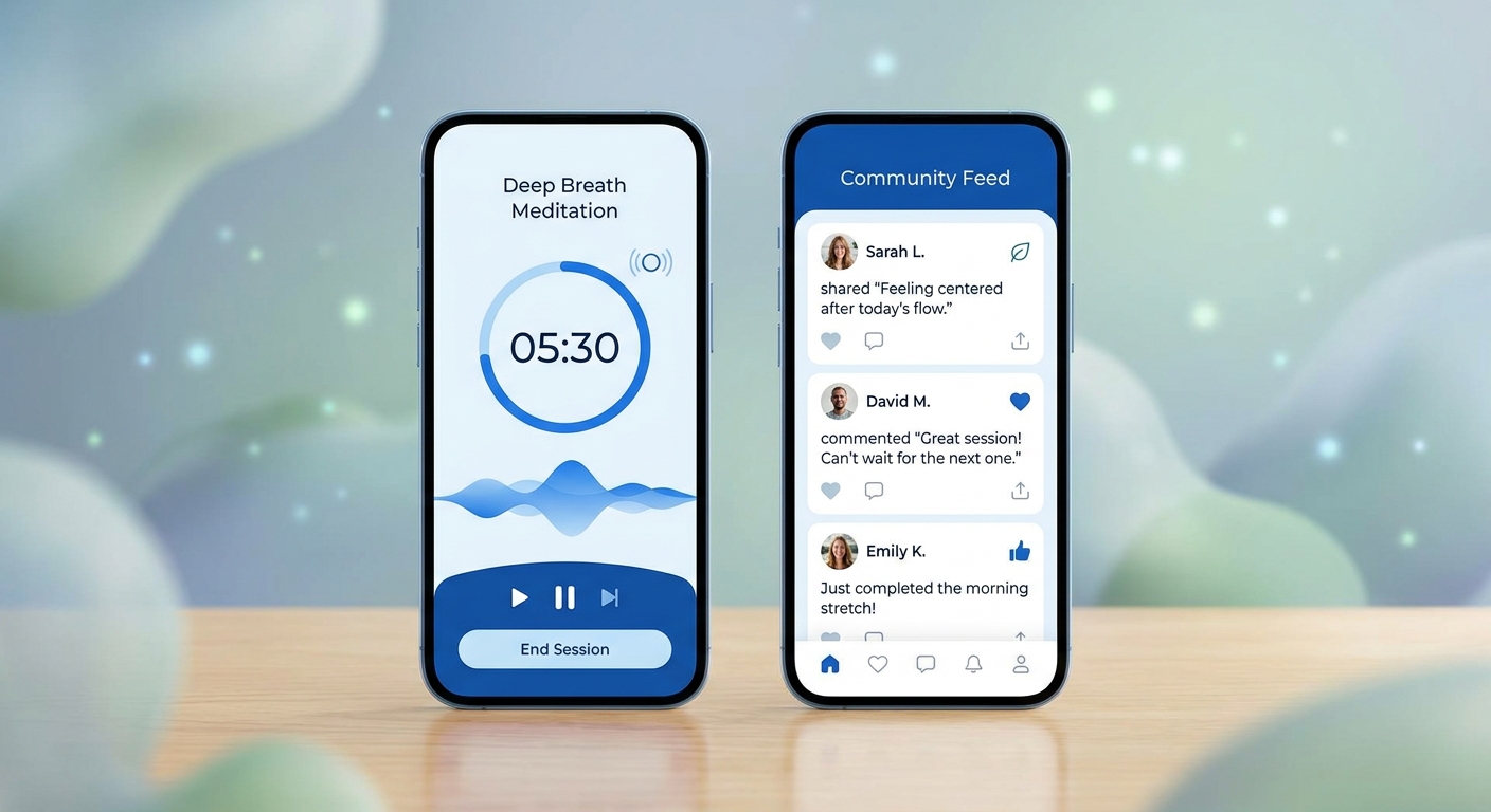 Aplicativo body and mind para personal trainer - Personal Millbody Mockup de aplicativo body and mind mostrando interface de meditação com timer, vibração e comunidade
