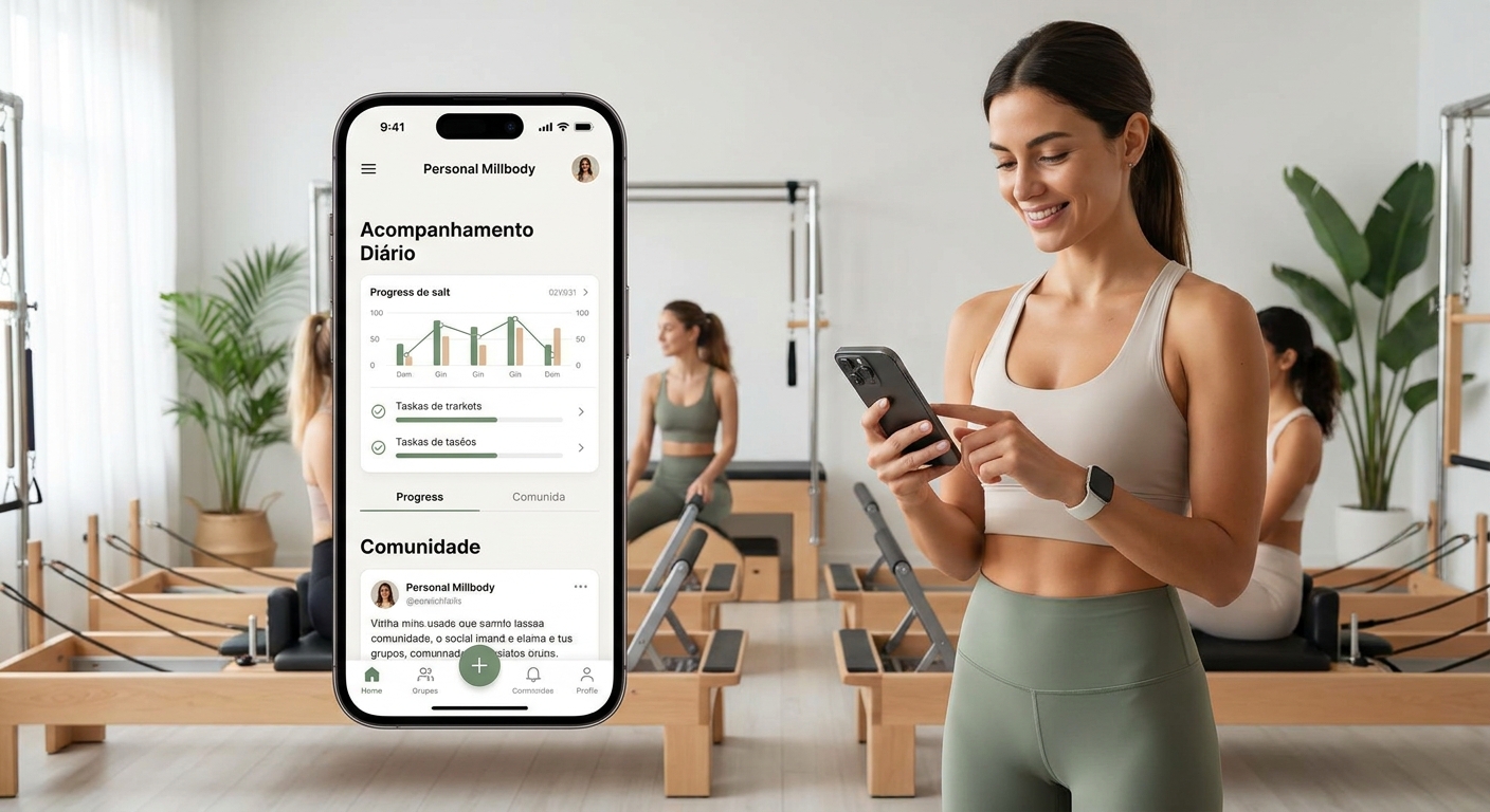 Aplicativo Personal Millbody para instrutor de Pilates Instrutor de Pilates usando aplicativo Personal Millbody para acompanhamento diário de aluno