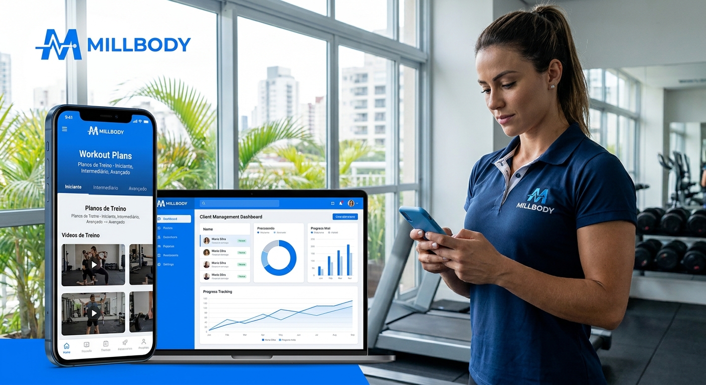 Aplicativo Personal Trainer Millbody - Interface de gestão de treinos e alunos