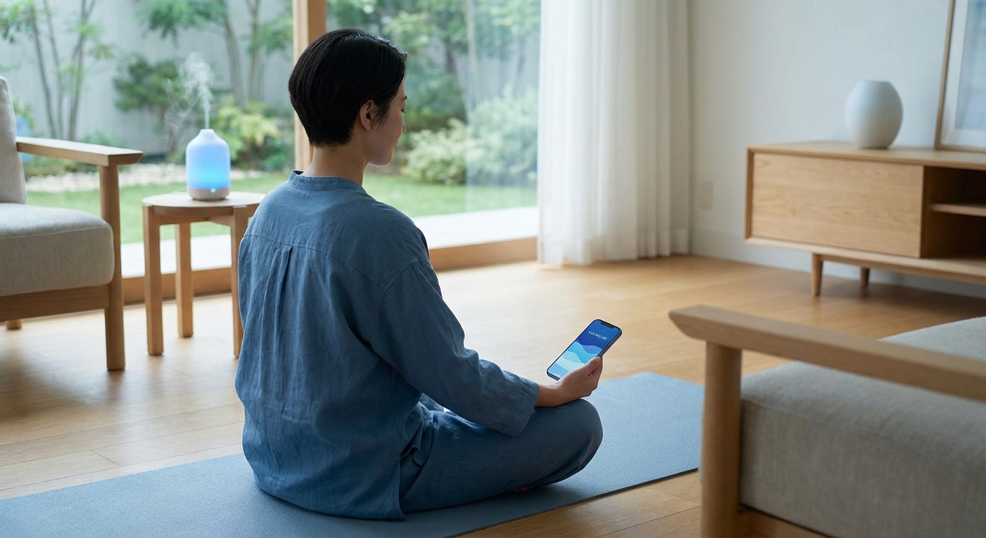 Mulher meditando em um ambiente tranquilo com um smartphone ao lado, ilustrando o uso de um aplicativo de yoga e meditação para o bem-estar diário.