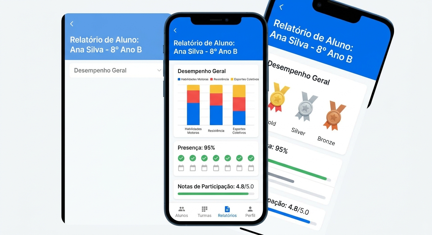 App de acompanhamento mostrando relatório de aluno de Educação Física