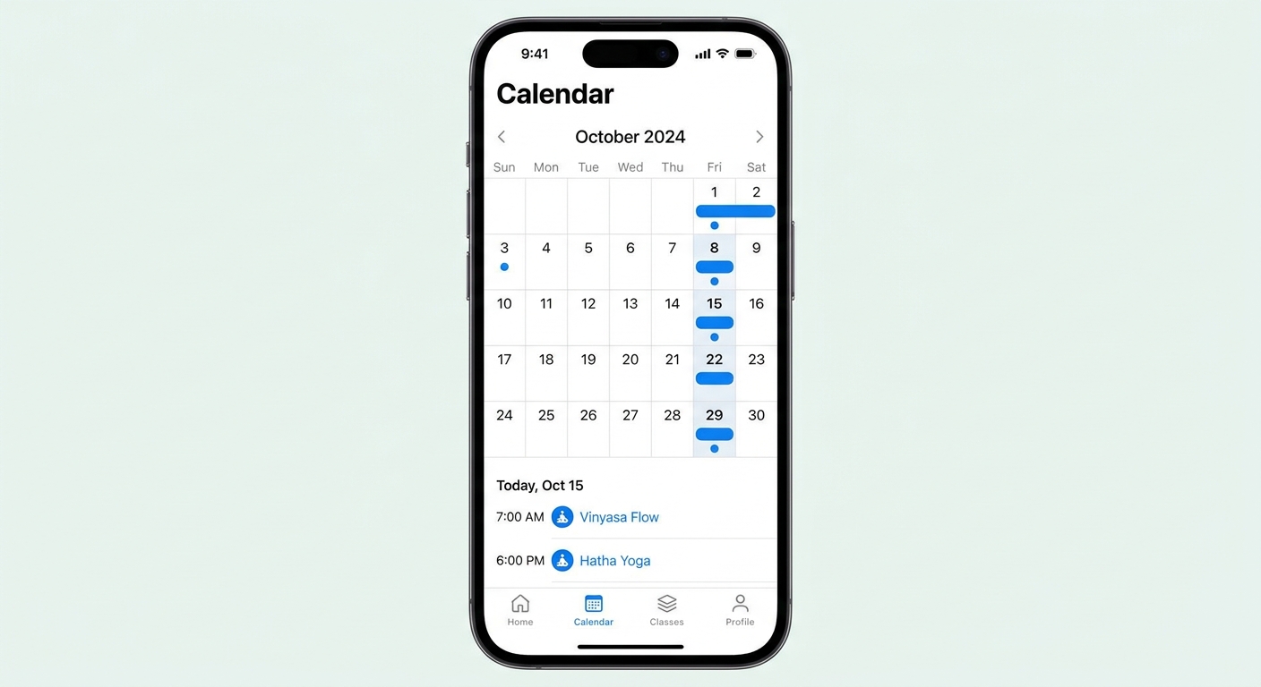 Screenshot do calendário de práticas de yoga no aplicativo Personal Millbody com aulas agendadas no mês