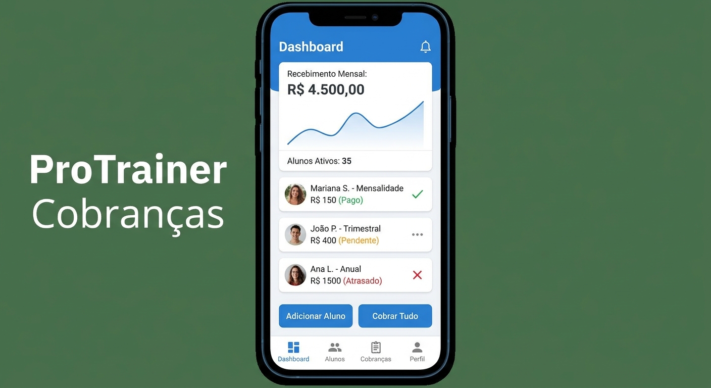 Tela de cobrança automática do app Millbody mostrando mensalidades e status de pagamento dos alunos