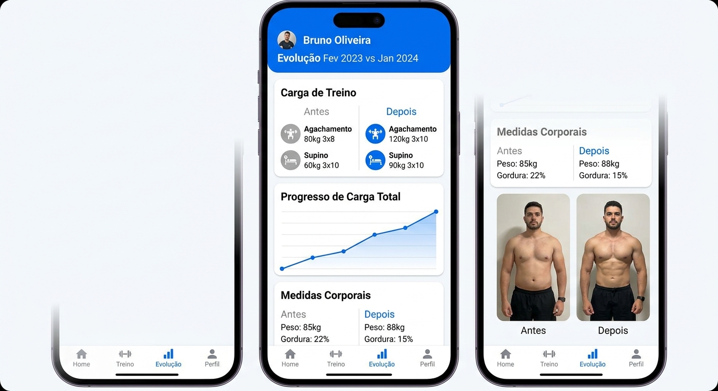 Print de aplicativo para personal trainer mostrando evolução de cargas e medidas corporais