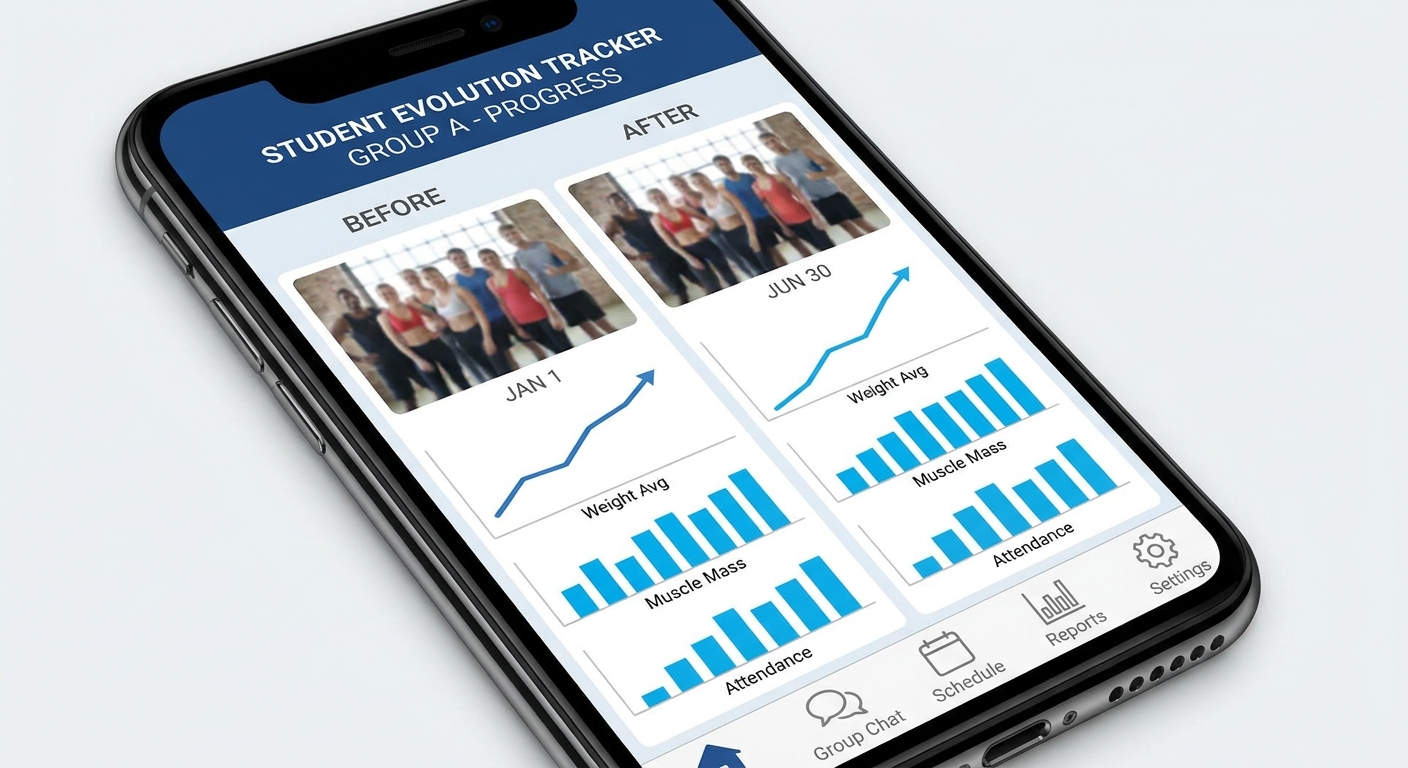 Acompanhamento de evolução em grupo - Personal Millbody App Personal Millbody mostrando evolução de grupo com antes e depois para ginástica laboral