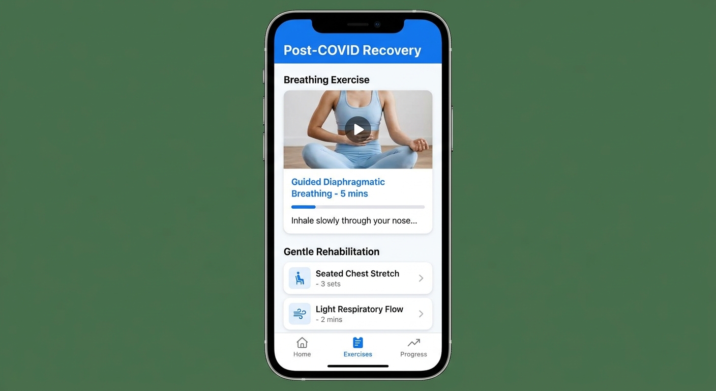 Exercícios leves no app Personal Millbody para alunos pós-Covid App Personal Millbody exibindo tela de exercícios leves para recuperação pós-Covid com vídeo demonstrativo