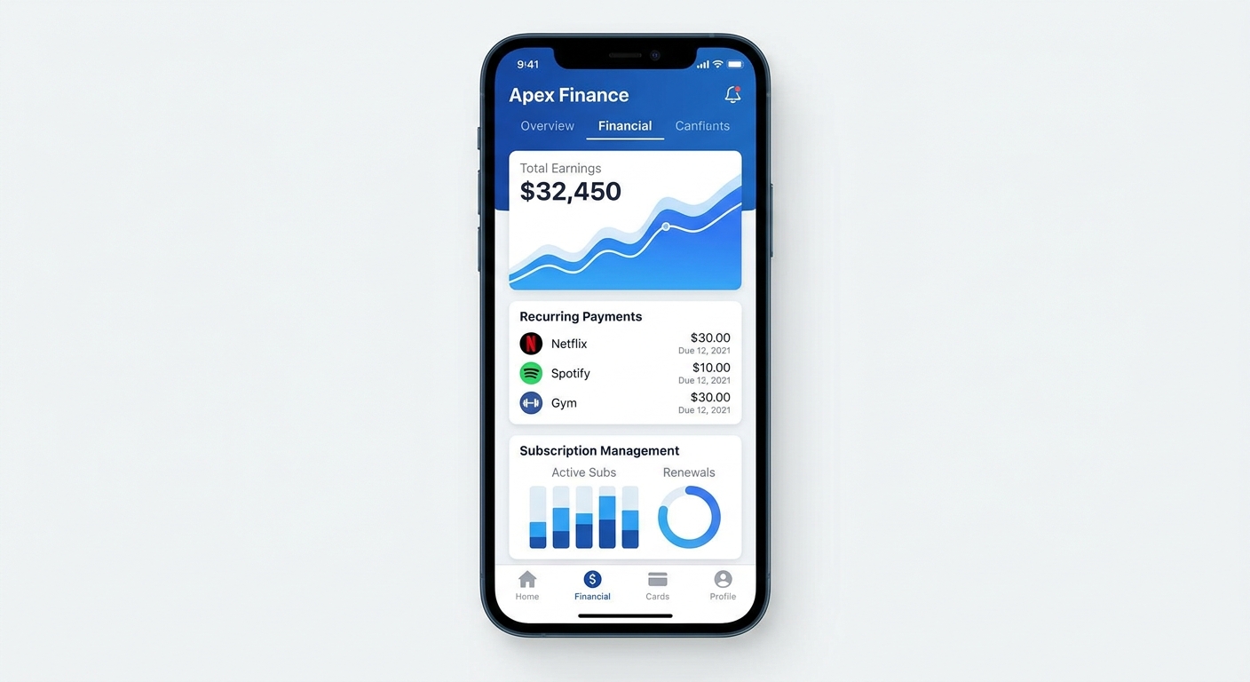 Screenshot da aba Financeiro do Personal Millbody mostrando dashboard de ganhos e cobrança recorrente