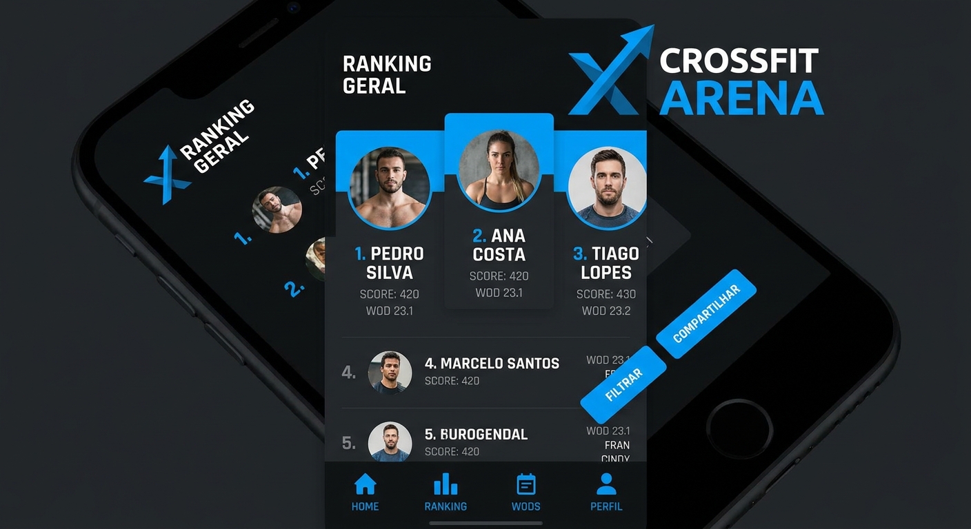 Screenshot do app Personal Millbody mostrando leaderboard com ranking de alunos em treino de Cross Training