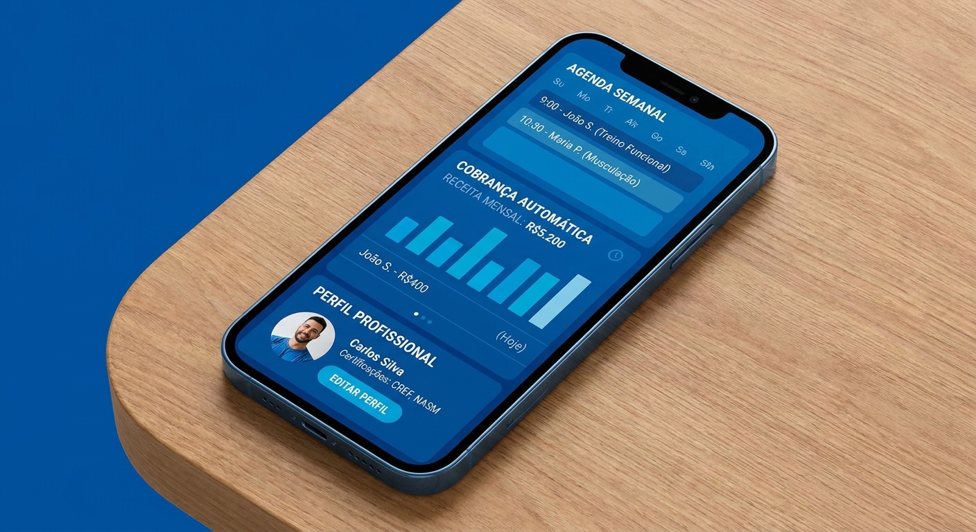Print do app Millbody mostrando agenda e cobrança automática para personal trainer de Muay Thai